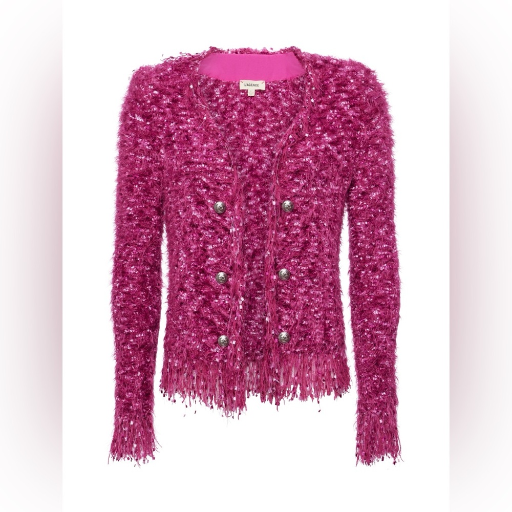 L'AGENCE Fuchsia Textured Fringe Double-Breasted Jacket